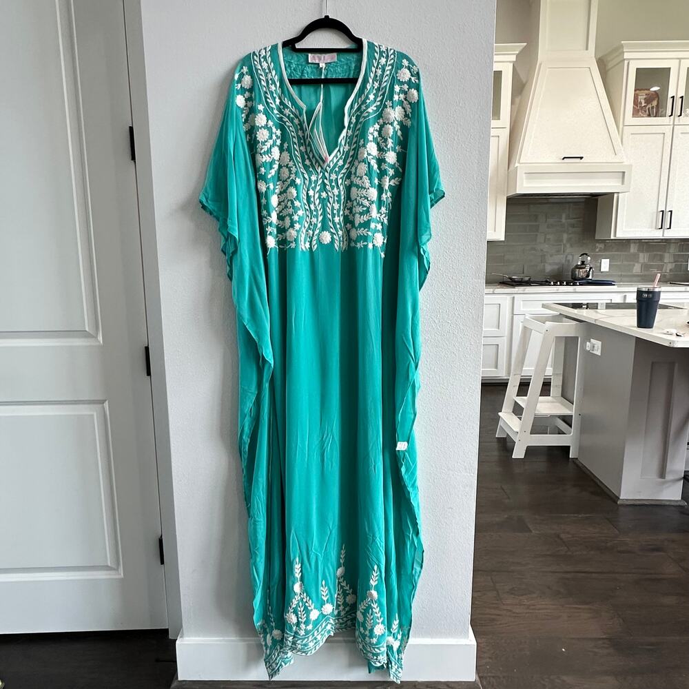 Monique Leshman Aqua Embroidrered Caftan Cover-up